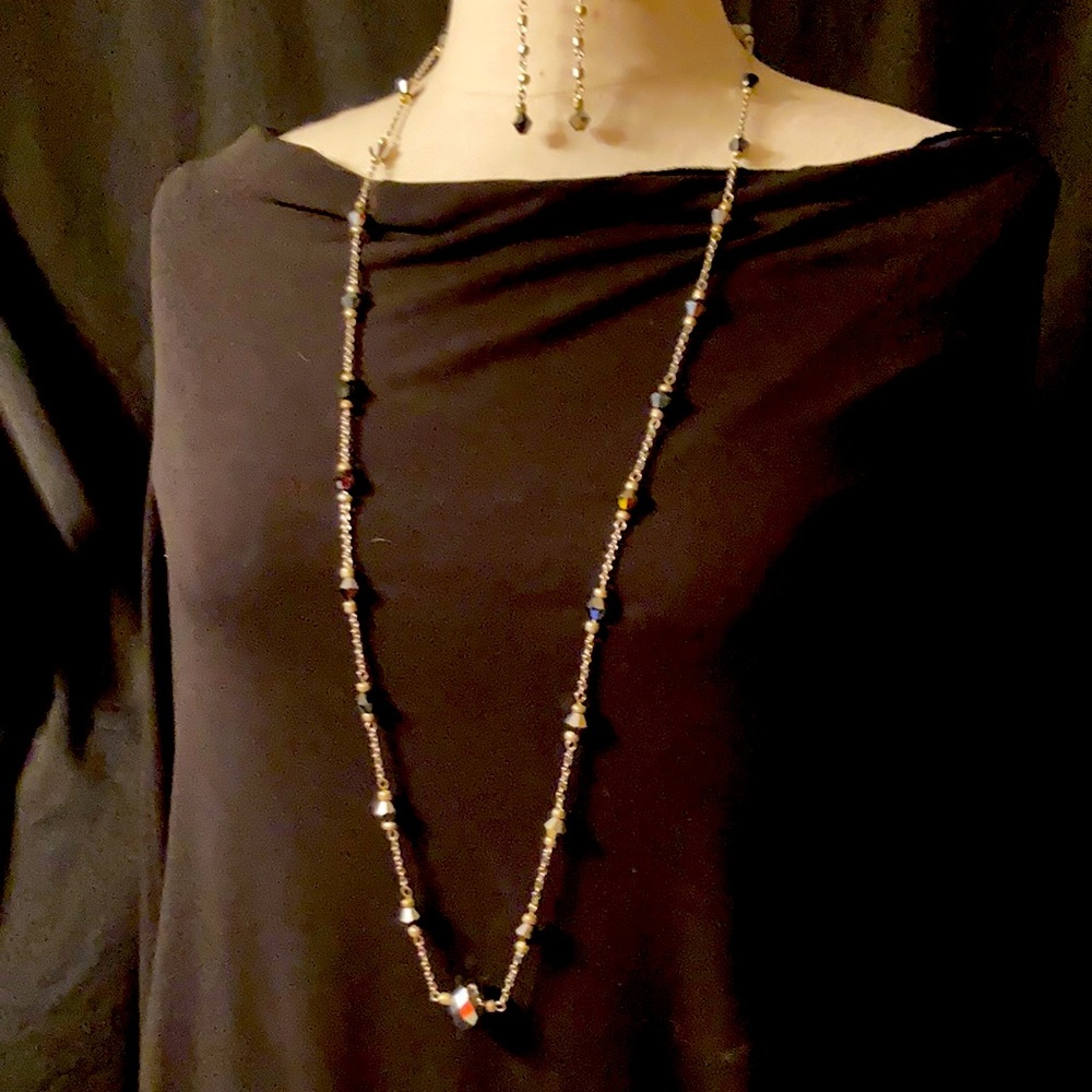Silver Tone Long Necklace & Earring Set